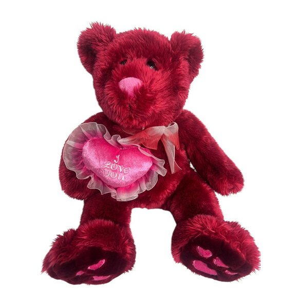 Red Pink Vintage Valentine Teddy Bear with Heart I LOVE YOU 17 in - Picture 1 of 6